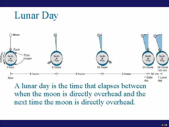 Lunar Day A lunar day is the time that elapses between when the moon