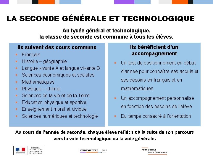 LA SECONDE GÉNÉRALE ET TECHNOLOGIQUE Au lycée général et technologique, la classe de seconde