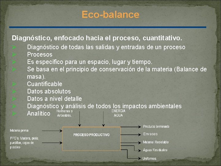 Eco-balance Diagnóstico, enfocado hacia el proceso, cuantitativo. Ø Ø Ø Ø Ø Diagnóstico de