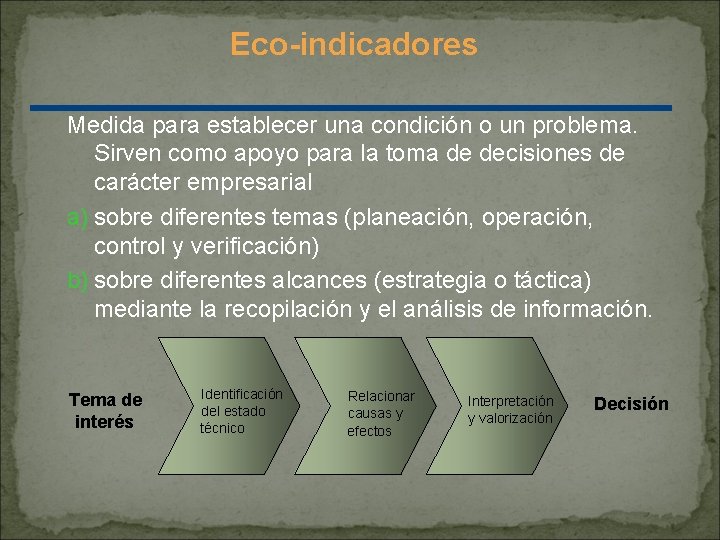 Eco-indicadores Medida para establecer una condición o un problema. Sirven como apoyo para la