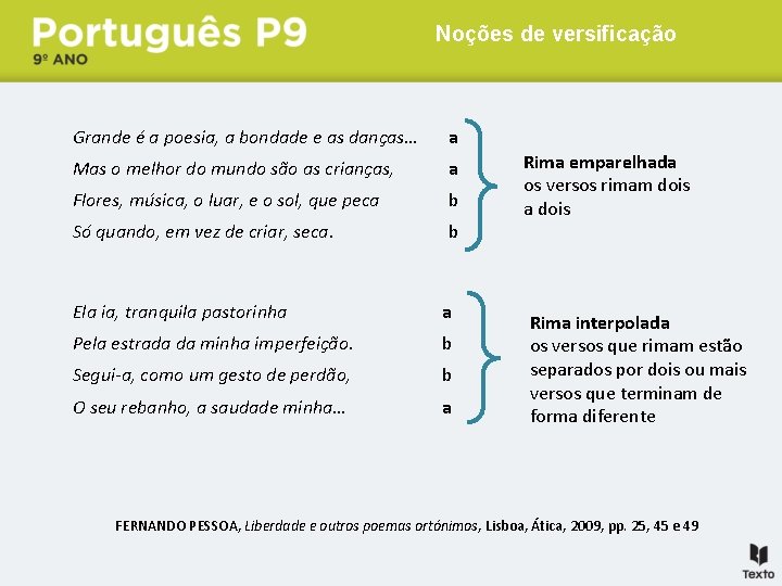 Noções de versificação Grande é a poesia, a bondade e as danças… a Mas