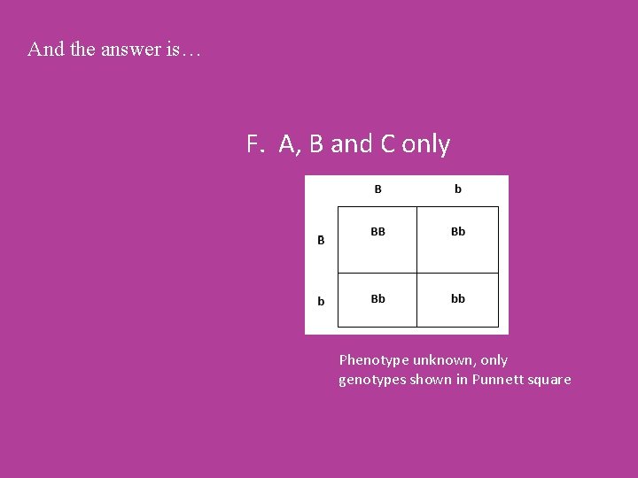 And the answer is… F. A, B and C only Phenotype unknown, only genotypes