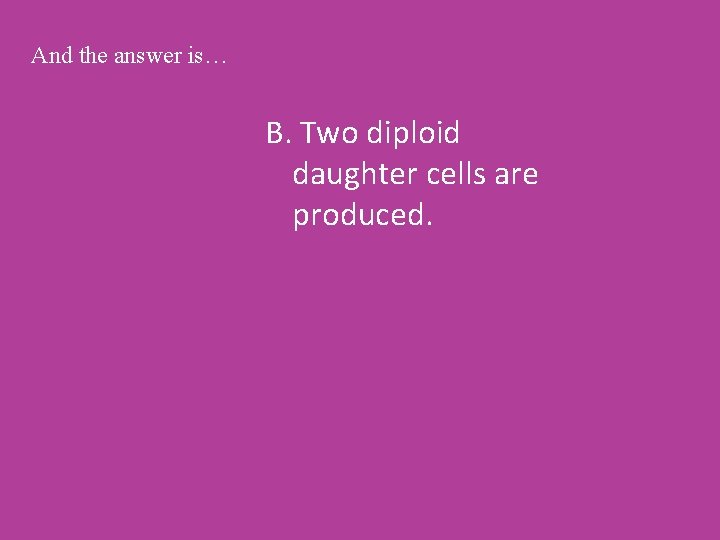 And the answer is… B. Two diploid daughter cells are produced. 