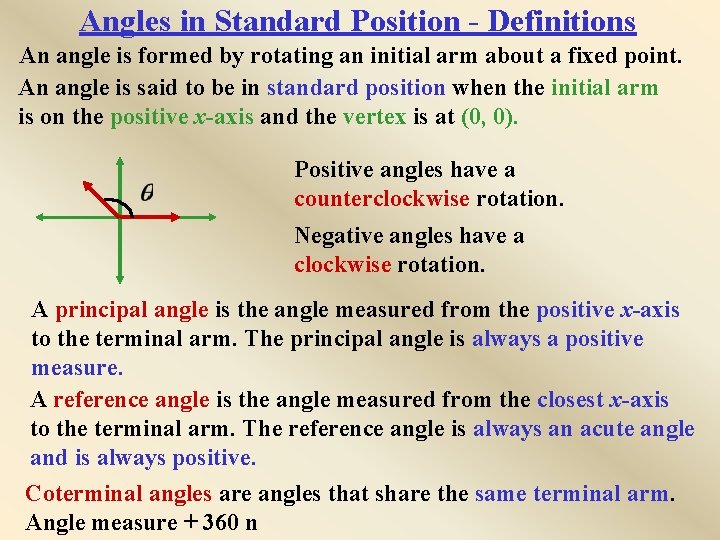 Angles in Standard Position - Definitions An angle is formed by rotating an initial