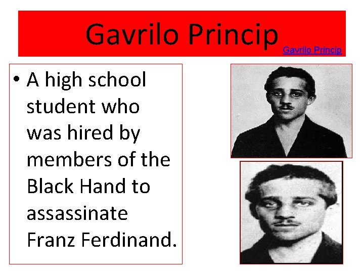 Gavrilo Princip • A high school student who was hired by members of the