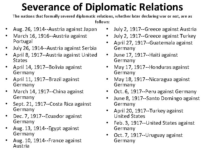 Severance of Diplomatic Relations The nations that formally severed diplomatic relations, whether later declaring