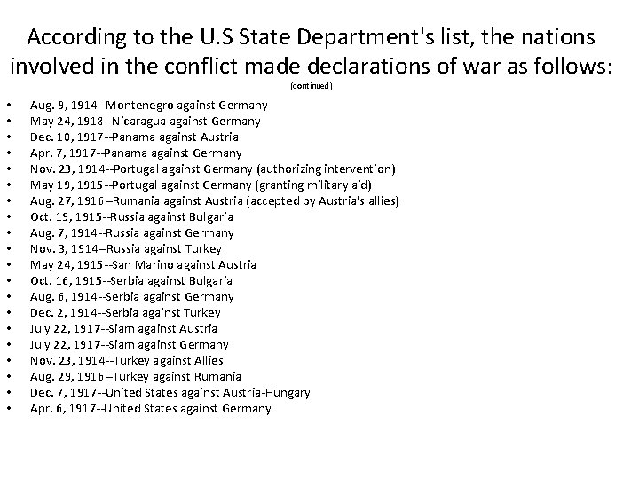 According to the U. S State Department's list, the nations involved in the conflict