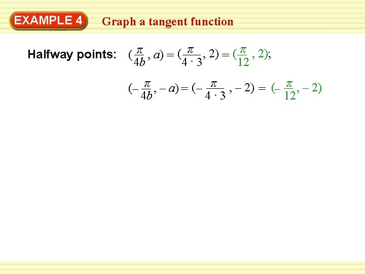 EXAMPLE 4 Graph a tangent function Halfway points: ( π , a) = (