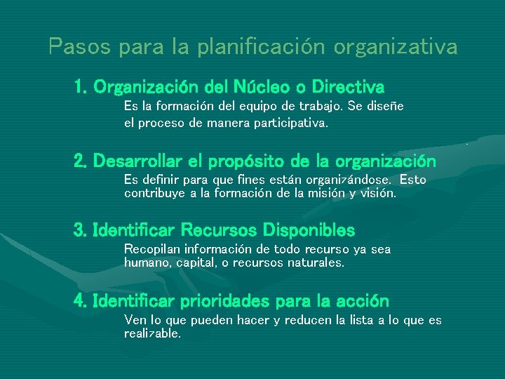 Pasos para la planificación organizativa 1. Organización del Núcleo o Directiva Es la formación