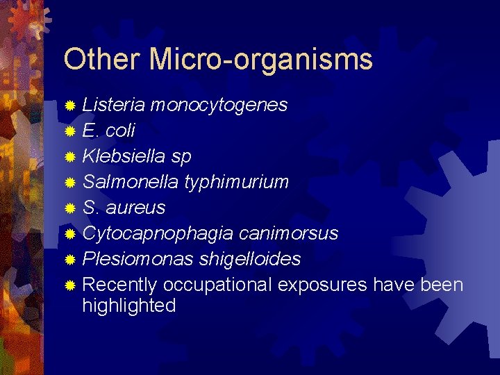Other Micro-organisms ® Listeria ® E. monocytogenes coli ® Klebsiella sp ® Salmonella typhimurium
