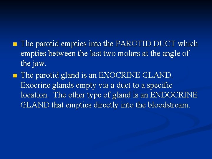 n n The parotid empties into the PAROTID DUCT which empties between the last