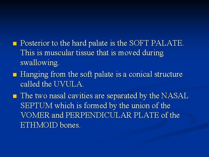 n n n Posterior to the hard palate is the SOFT PALATE. This is