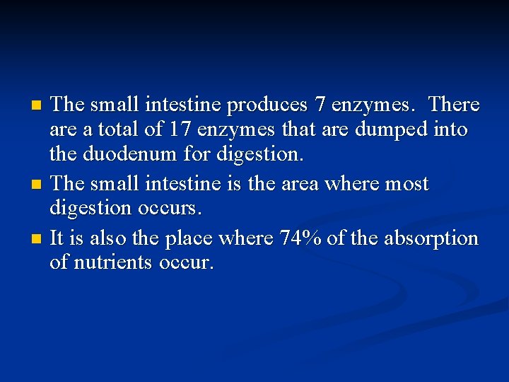 The small intestine produces 7 enzymes. There a total of 17 enzymes that are