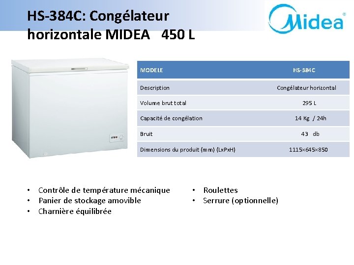 HS-384 C: Congélateur horizontale MIDEA 450 L MODELE HS-384 C Description Congélateur horizontal Volume