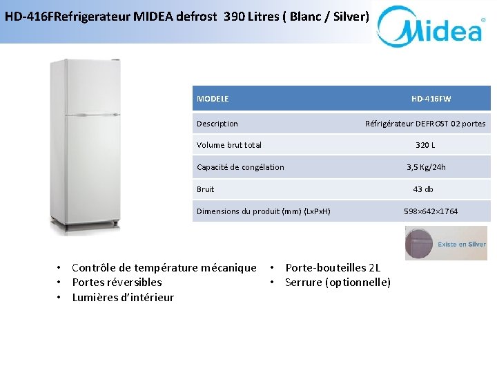 HD-416 FRefrigerateur MIDEA defrost 390 Litres ( Blanc / Silver) MODELE HD-416 FW Description