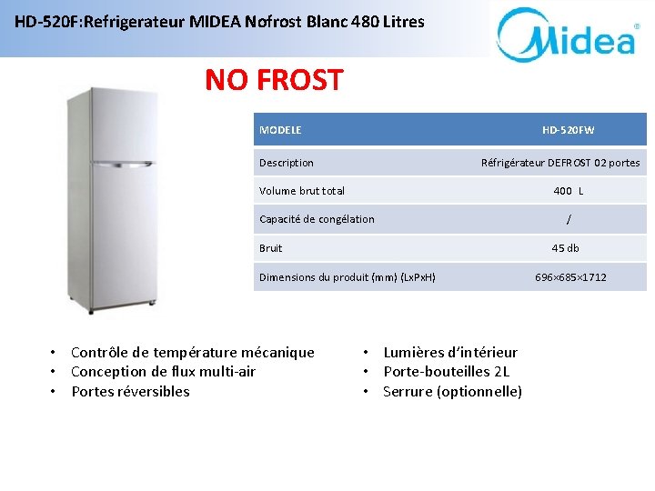 HD-520 F: Refrigerateur MIDEA Nofrost Blanc 480 Litres NO FROST MODELE HD-520 FW Description