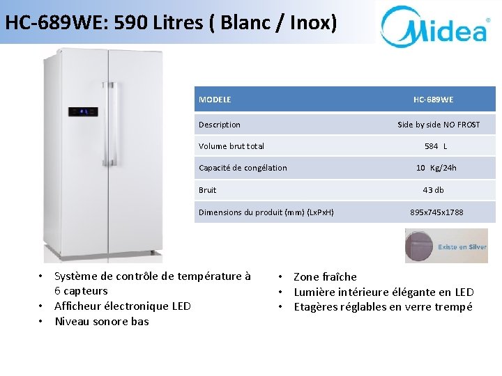 HC-689 WE: 590 Litres ( Blanc / Inox) MODELE HC-689 WE Description Side by