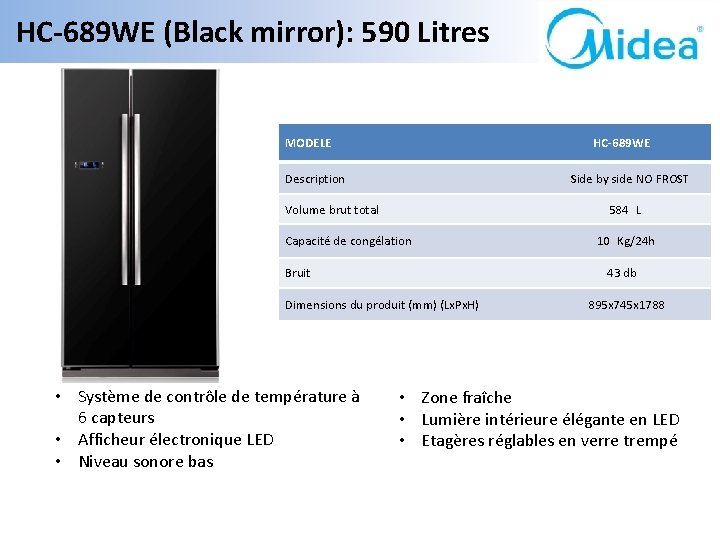 HC-689 WE (Black mirror): 590 Litres MODELE HC-689 WE Description Side by side NO