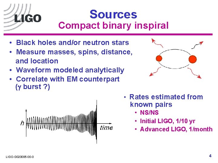 Sources Compact binary inspiral • Black holes and/or neutron stars • Measure masses, spins, Sources Compact binary inspiral • Black holes and/or neutron stars • Measure masses, spins,