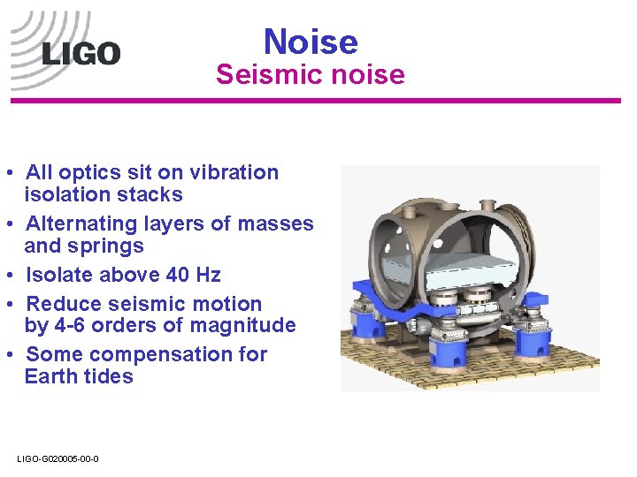 Noise Seismic noise • All optics sit on vibration isolation stacks • Alternating layers Noise Seismic noise • All optics sit on vibration isolation stacks • Alternating layers