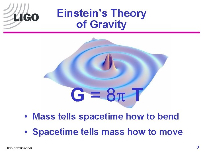 Einstein’s Theory of Gravity G = 8 T • Mass tells spacetime how to Einstein’s Theory of Gravity G = 8 T • Mass tells spacetime how to