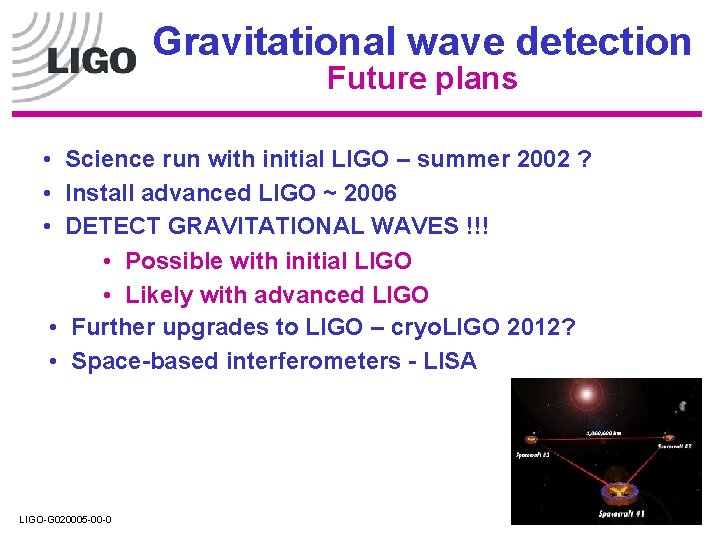Gravitational wave detection Future plans • Science run with initial LIGO – summer 2002 Gravitational wave detection Future plans • Science run with initial LIGO – summer 2002