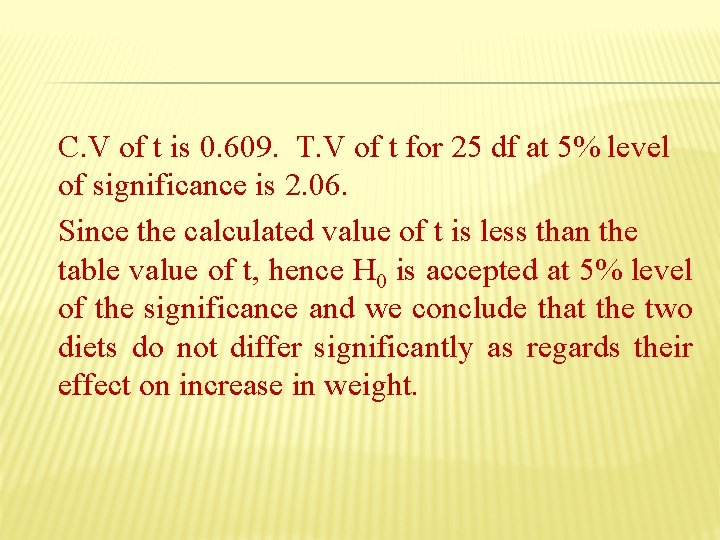 C. V of t is 0. 609. T. V of t for 25 df