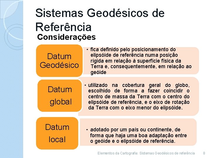 Sistemas Geodésicos de Referência Considerações Datum Geodésico Datum global Datum local • fica definido