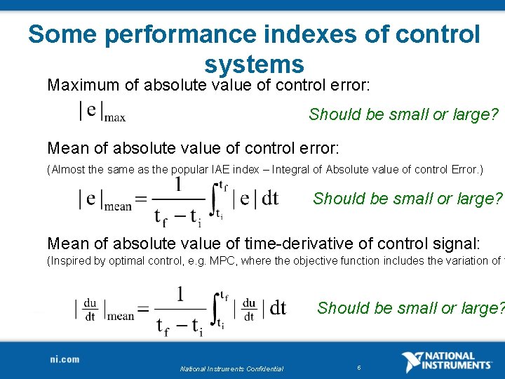 Some performance indexes of control systems Maximum of absolute value of control error: Should