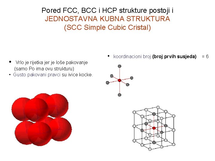 Pored FCC, BCC i HCP strukture postoji i JEDNOSTAVNA KUBNA STRUKTURA (SCC Simple Cubic
