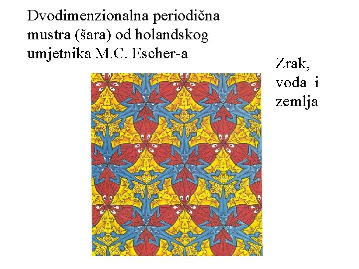 Dvodimenzionalna periodična mustra (šara) od holandskog umjetnika M. C. Escher-a Zrak, voda i zemlja