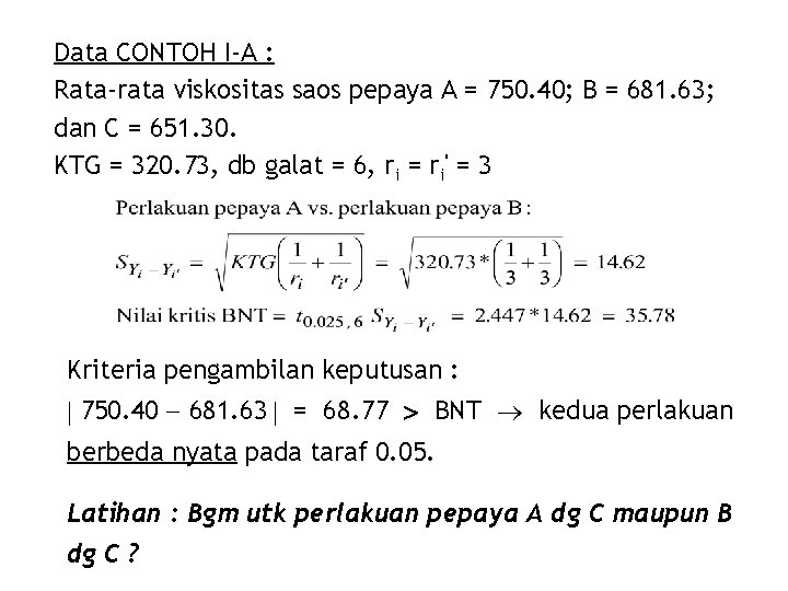 Data CONTOH I-A : Rata-rata viskositas saos pepaya A = 750. 40; B =