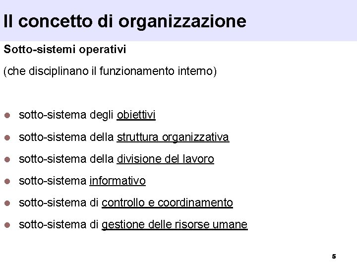 Il concetto di organizzazione Sotto-sistemi operativi (che disciplinano il funzionamento interno) l sotto-sistema degli
