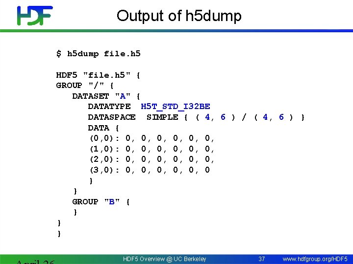 Output of h 5 dump $ h 5 dump file. h 5 HDF 5