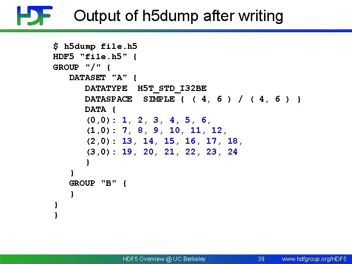 Output of h 5 dump after writing $ h 5 dump file. h 5