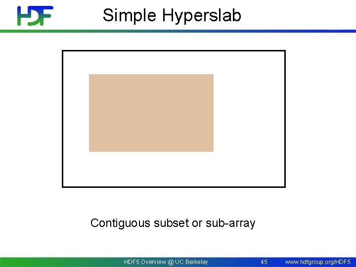 Simple Hyperslab Contiguous subset or sub-array HDF 5 Overview @ UC Berkeley 45 www.