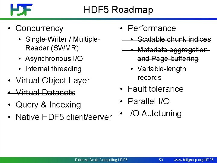 HDF 5 Roadmap • Concurrency • Performance • Single-Writer / Multiple. Reader (SWMR) •