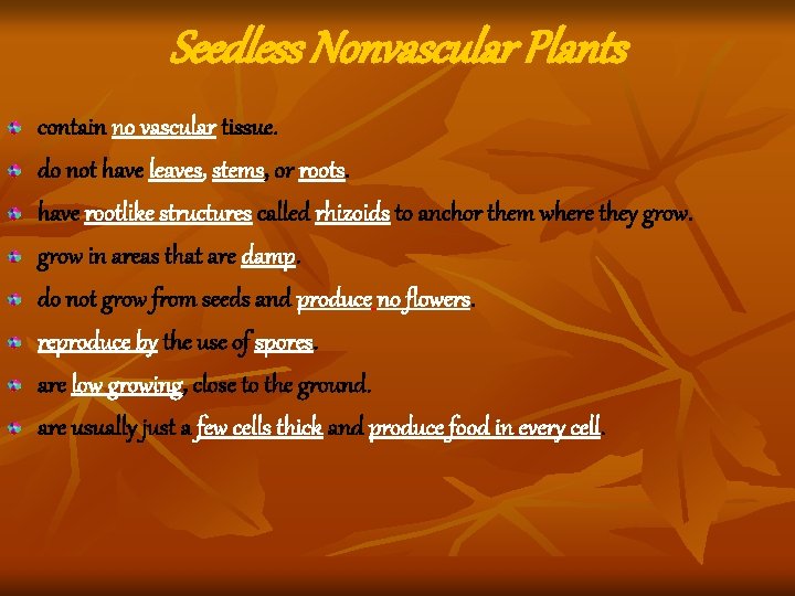 Seedless Nonvascular Plants contain no vascular tissue. do not have leaves, stems, or roots. Seedless Nonvascular Plants contain no vascular tissue. do not have leaves, stems, or roots.