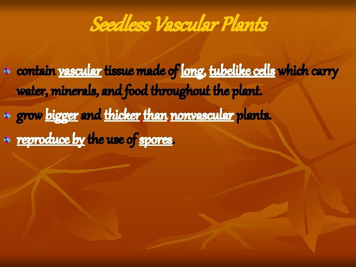 Seedless Vascular Plants contain vascular tissue made of long, tubelike cells which carry water, Seedless Vascular Plants contain vascular tissue made of long, tubelike cells which carry water,