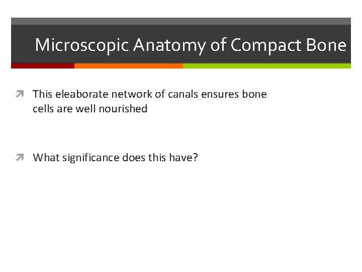 Microscopic Anatomy of Compact Bone This eleaborate network of canals ensures bone cells are Microscopic Anatomy of Compact Bone This eleaborate network of canals ensures bone cells are