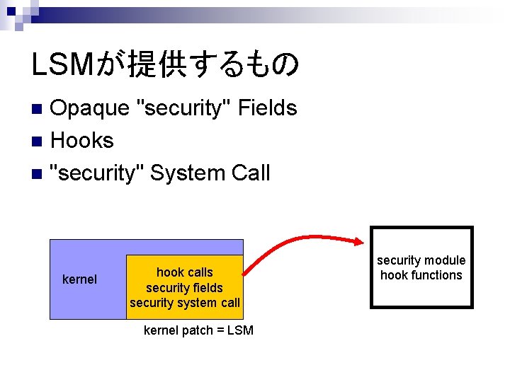 LSMが提供するもの Opaque "security" Fields n Hooks n "security" System Call n kernel hook calls