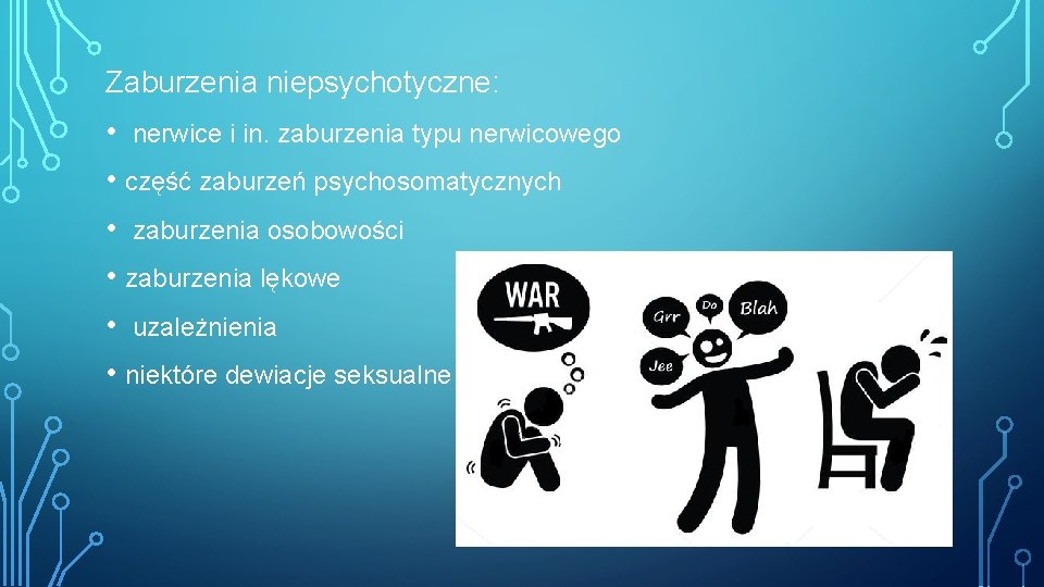 Zaburzenia niepsychotyczne: • nerwice i in. zaburzenia typu nerwicowego • część zaburzeń psychosomatycznych •