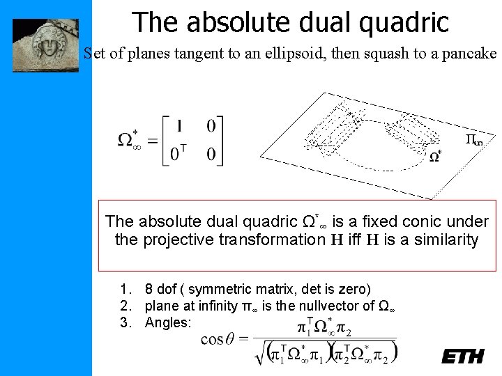 The absolute dual quadric Set of planes tangent to an ellipsoid, then squash to