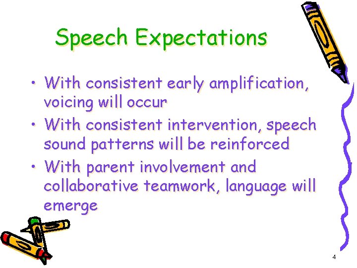 Speech Expectations • With consistent early amplification, voicing will occur • With consistent intervention,