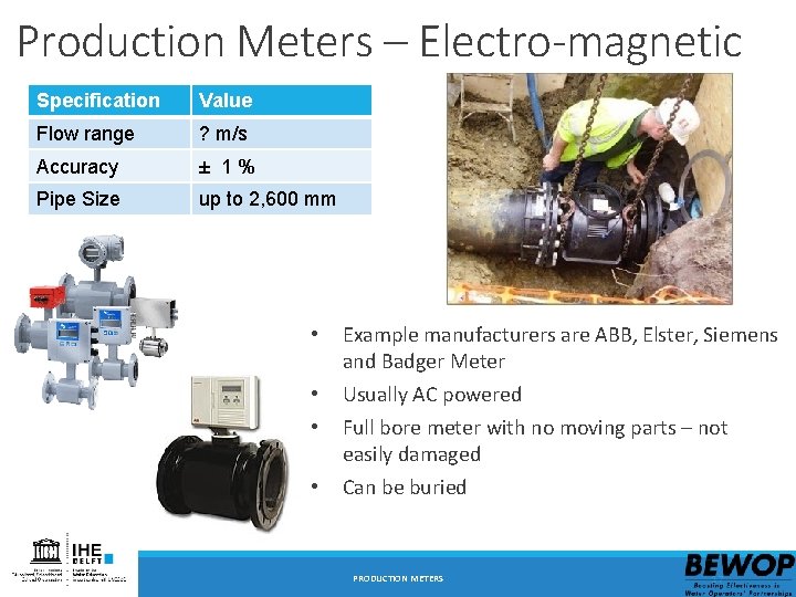 Production Meters – Electro-magnetic Specification Value Flow range ? m/s Accuracy ± 1% Pipe