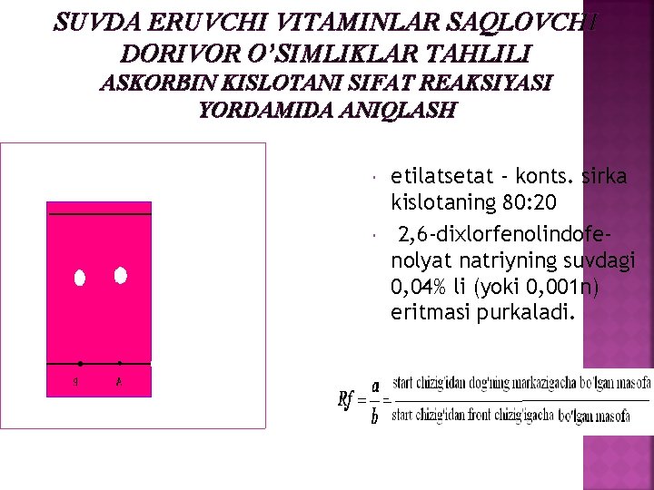 SUVDA ERUVCHI VITAMINLAR SAQLOVCHI DORIVOR O’SIMLIKLAR TAHLILI ASKORBIN KISLOTANI SIFAT RЕAKSIYASI YORDAMIDA ANIQLASH etilatsеtat