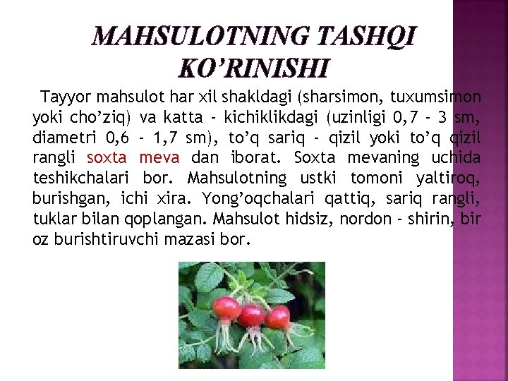 MAHSULOTNING TASHQI KO’RINISHI Tayyor mahsulot har xil shakldagi (sharsimon, tuxumsimon yoki cho’ziq) va katta
