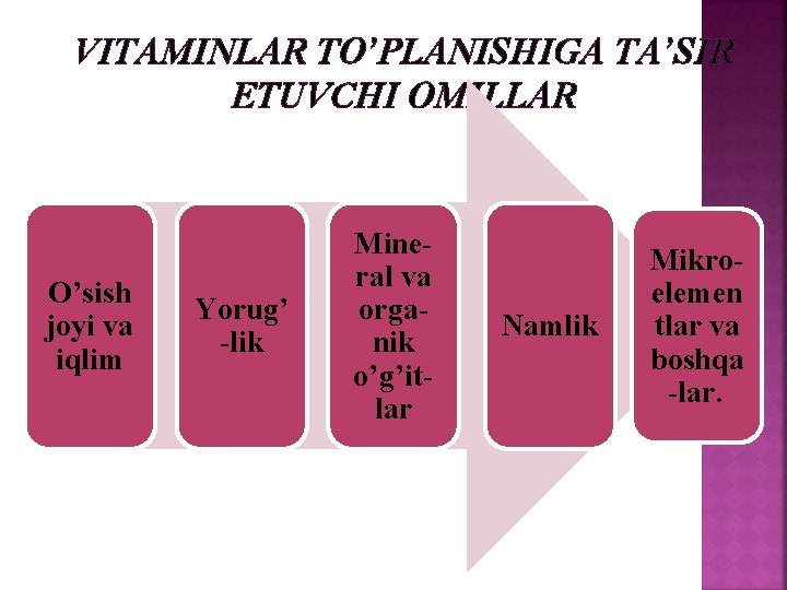 VITAMINLAR TO’PLANISHIGA TA’SIR ETUVCHI OMILLAR O’sish joyi va iqlim Yorug’ -lik Mineral va organik