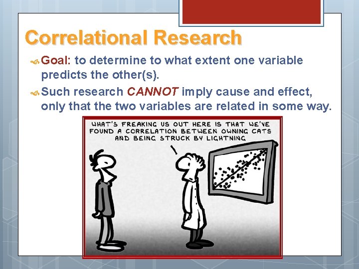 Correlational Research Goal: to determine to what extent one variable predicts the other(s). Such