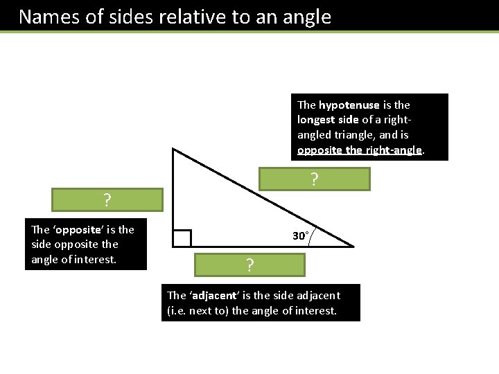 Names of sides relative to an angle The hypotenuse is the longest side of